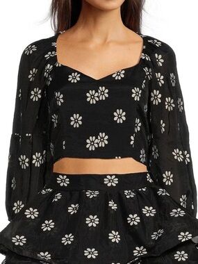 Buru Sweetheart Balloon Sleeve Bustier Crop Top Sz M Black Floral Daisy NWT